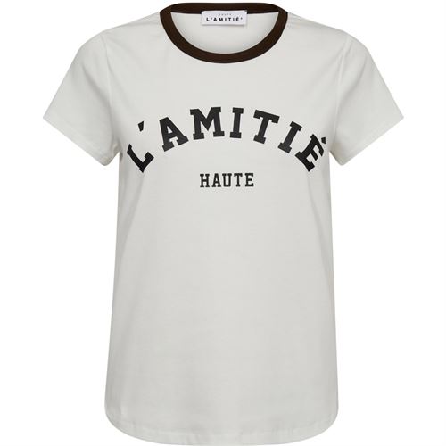 HAUTE L`AMITIÉ T-SHIRT, NECKLINE LOGO TEE, OFF WHITE/MOCCA